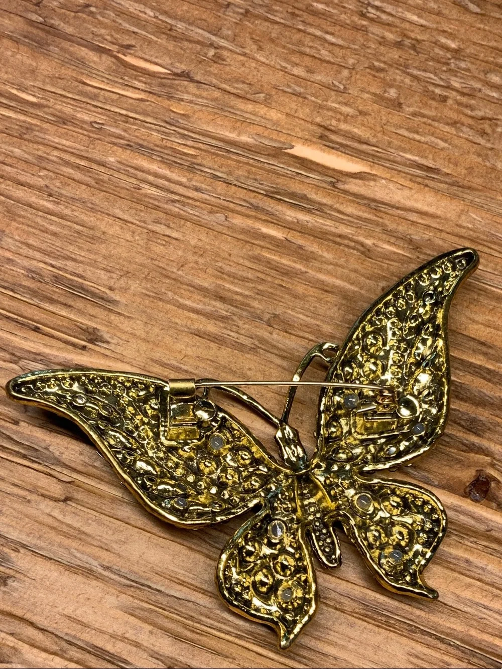 Green and Teal Crystal Butterfly Vintage Style Gold Tone Brooch